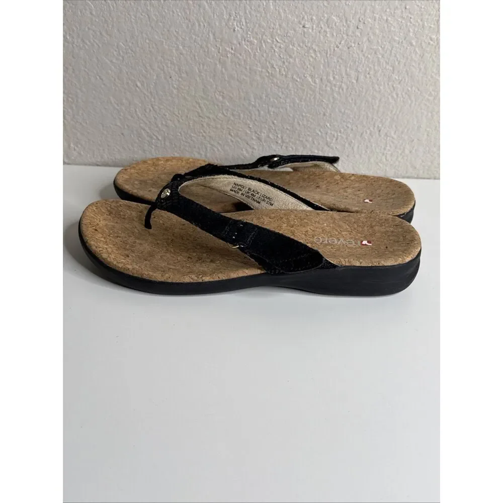 Revere Napoli Sandals Flip Flops Black Lizard Embossed Leather Shoes 37 6